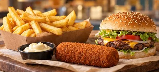 Patat met mayonaise, een kroket en een burger